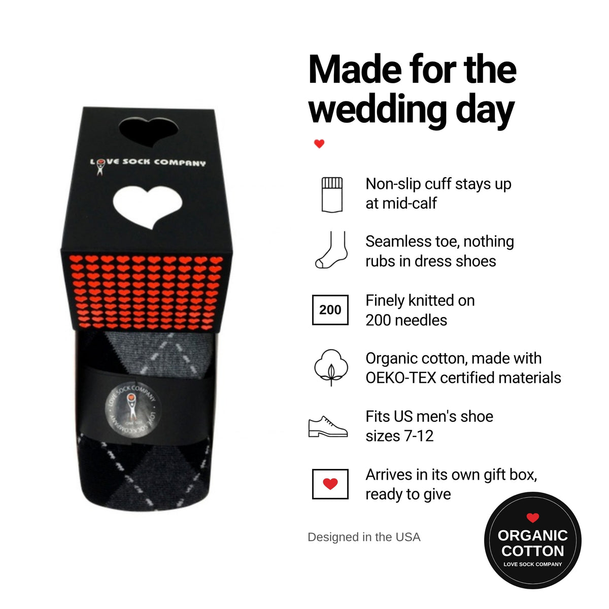 Argyle Black groomsmen socks in gift box, features with organic cotton badge