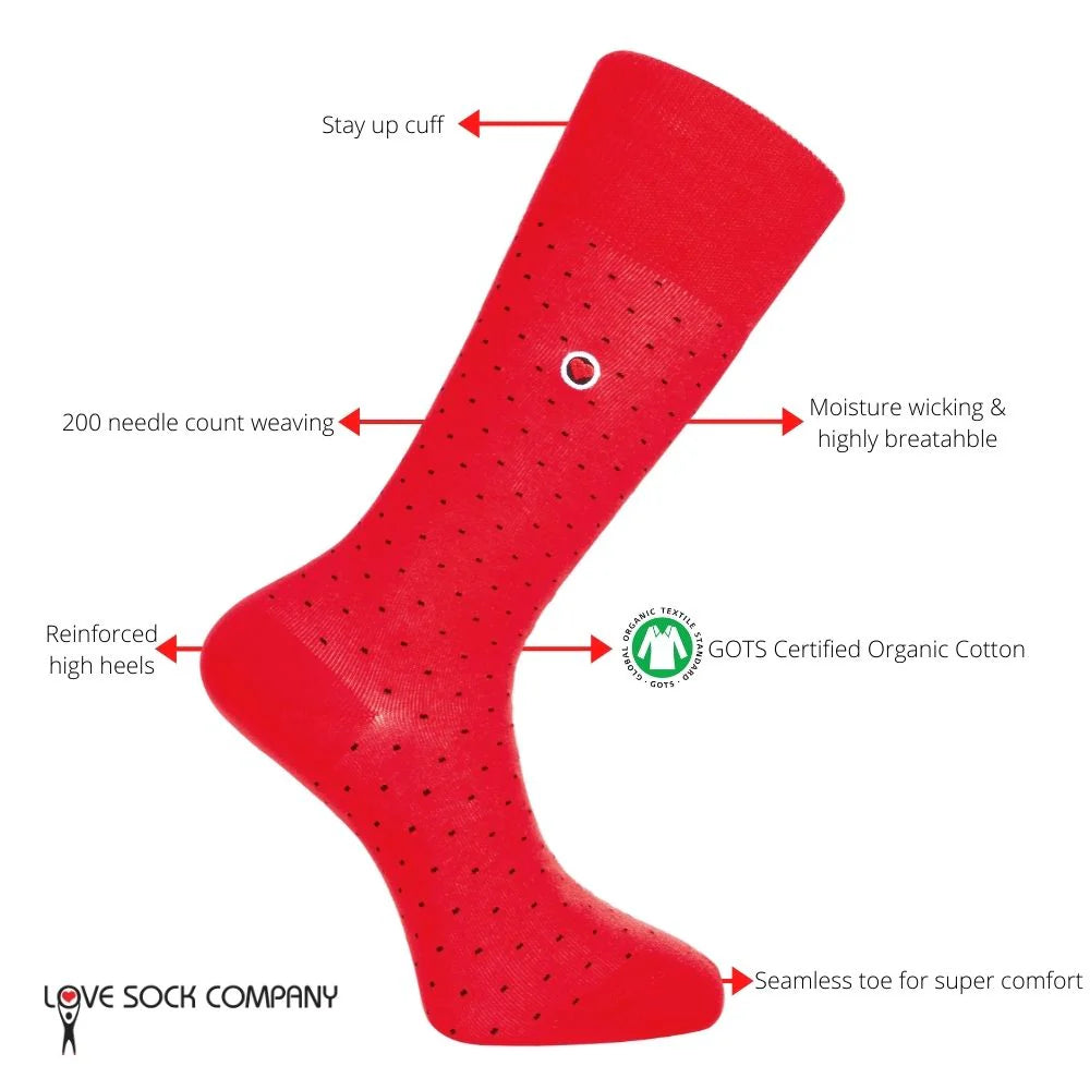 Men's Over the Calf Polka Dot Dress Socks Biz Dots Red (M) - LOVE SOCK COMPANY