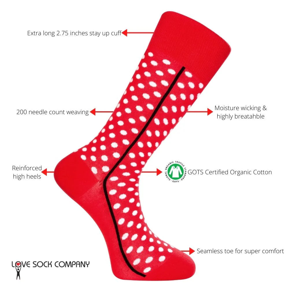 Love Sock Company Men's Funky Cool Polka Dots Dress Socks Red Line Red (M) - LOVE SOCK COMPANY