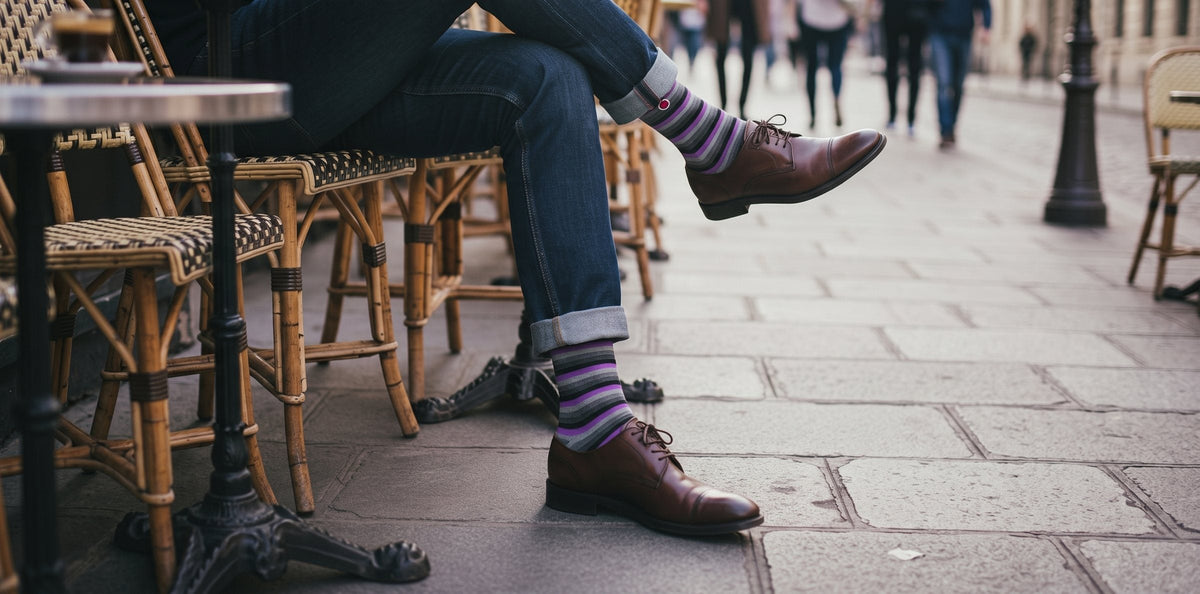 Men's Love Stripes dress socks at a cafe, Love Sock Company gift sets