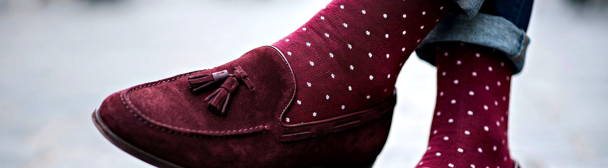Burgundy polka dot men's mid-calf dress socks with a suede loafer, Love Sock Company