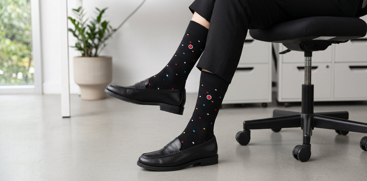 Women's Mini Polka Black trouser socks with loafers, Love Sock Company