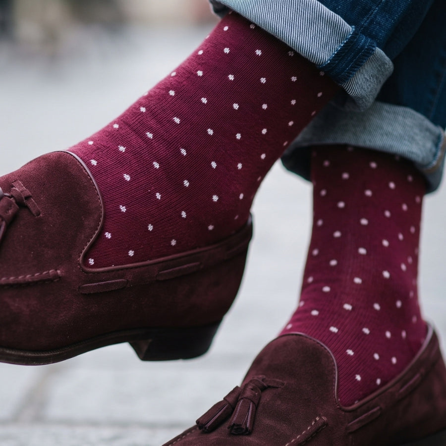 Men's Mid-Calf Dress Socks - Biz Dots Burgundy