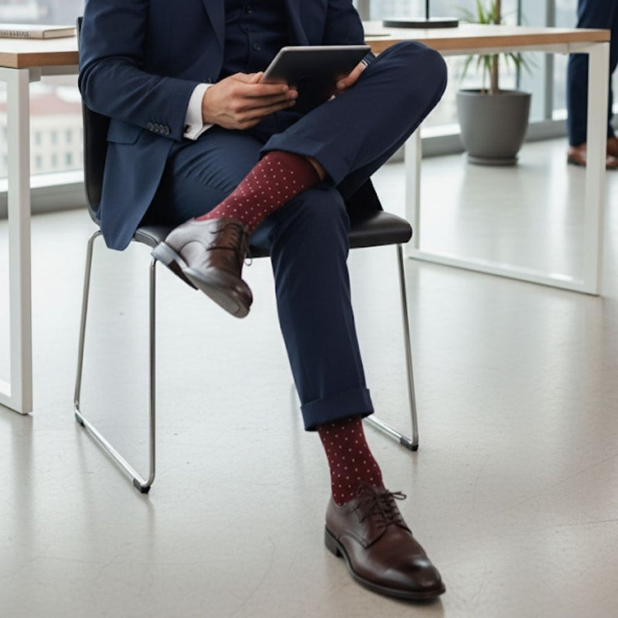 Men's Mid-Calf Dress Socks - Biz Dots Burgundy — organic cotton socks by Love Sock Company