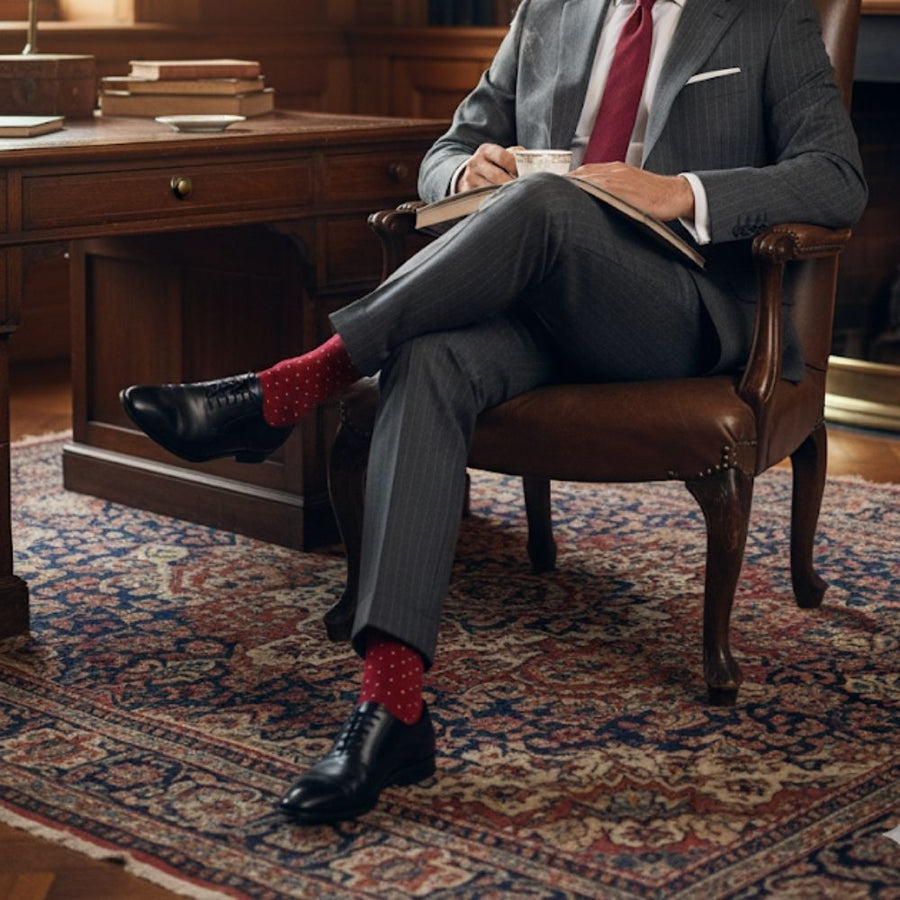 Men's Mid-Calf Dress Socks - Biz Dots Burgundy — organic cotton socks by Love Sock Company