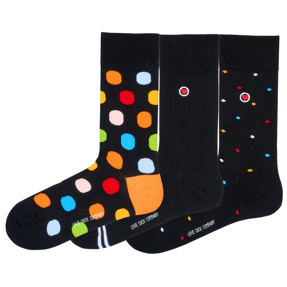 3-Pack Fun & Colorful Patterned Crew Socks - Zero-Slip Fit - Black Pack