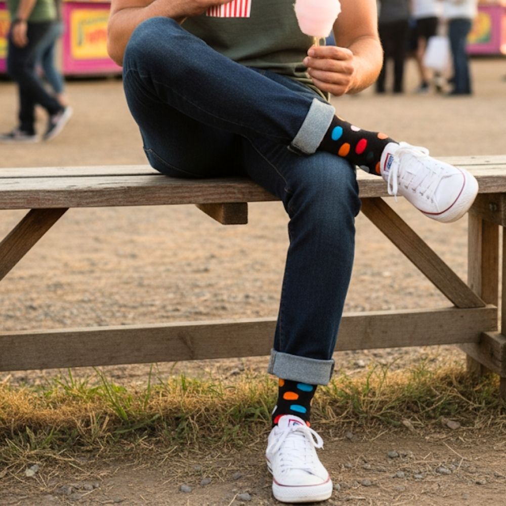 Premium Colorful Polka Dot Mid-Calf Sock - Zero-Sag, Fine Cotton - Big Polka Black