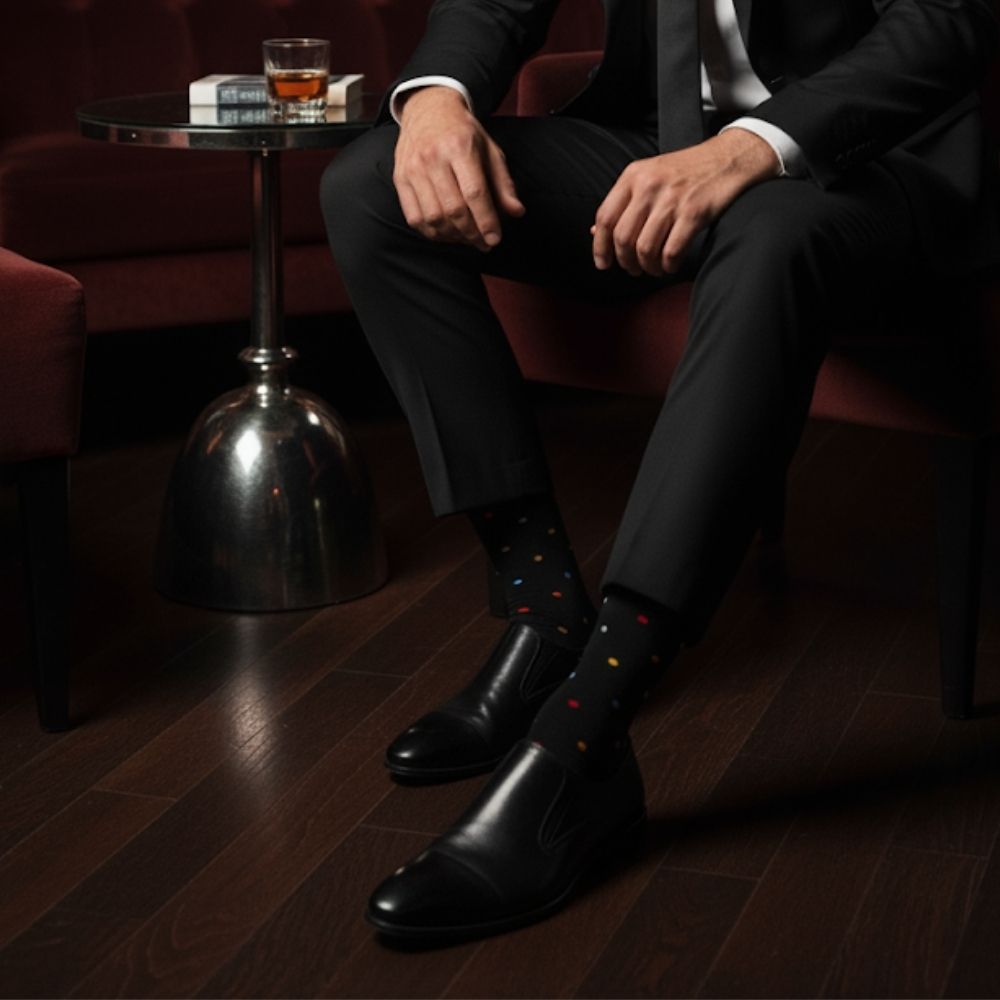 Premium Colorful Polka Dot Mid-Calf Sock - Zero-Sag, Fine Cotton - Mini Polka Black