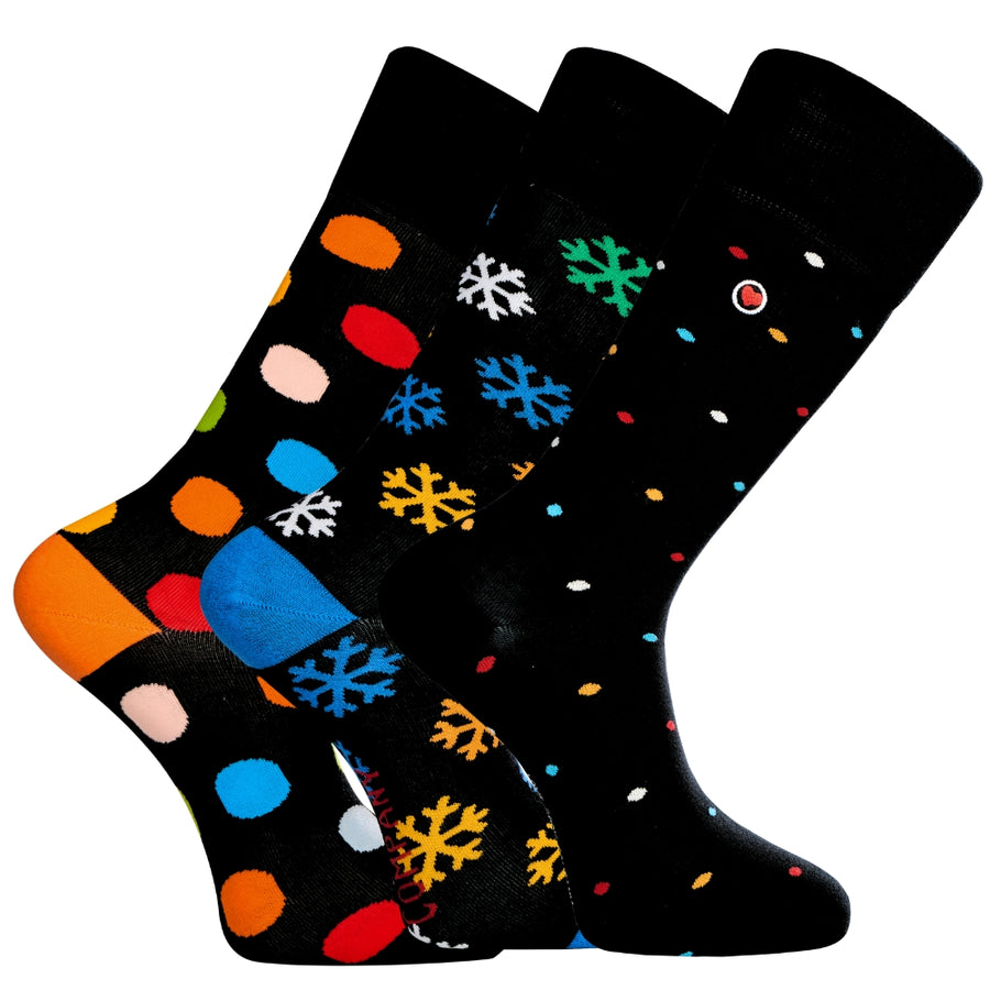 Men's Christmas Gift Pack Festive: Big Polka Black, Snowflake and Mini Polka Black organic cotton dress socks by Love Sock Company