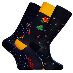 Men's Christmas Gift Pack Navy: Biz Dots Navy, Ornament Tree and Mini Hearts Navy organic cotton dress socks by Love Sock Company
