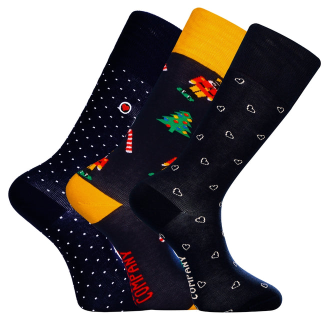 Men's Christmas Gift Pack Navy: Biz Dots Navy, Ornament Tree and Mini Hearts Navy organic cotton dress socks by Love Sock Company