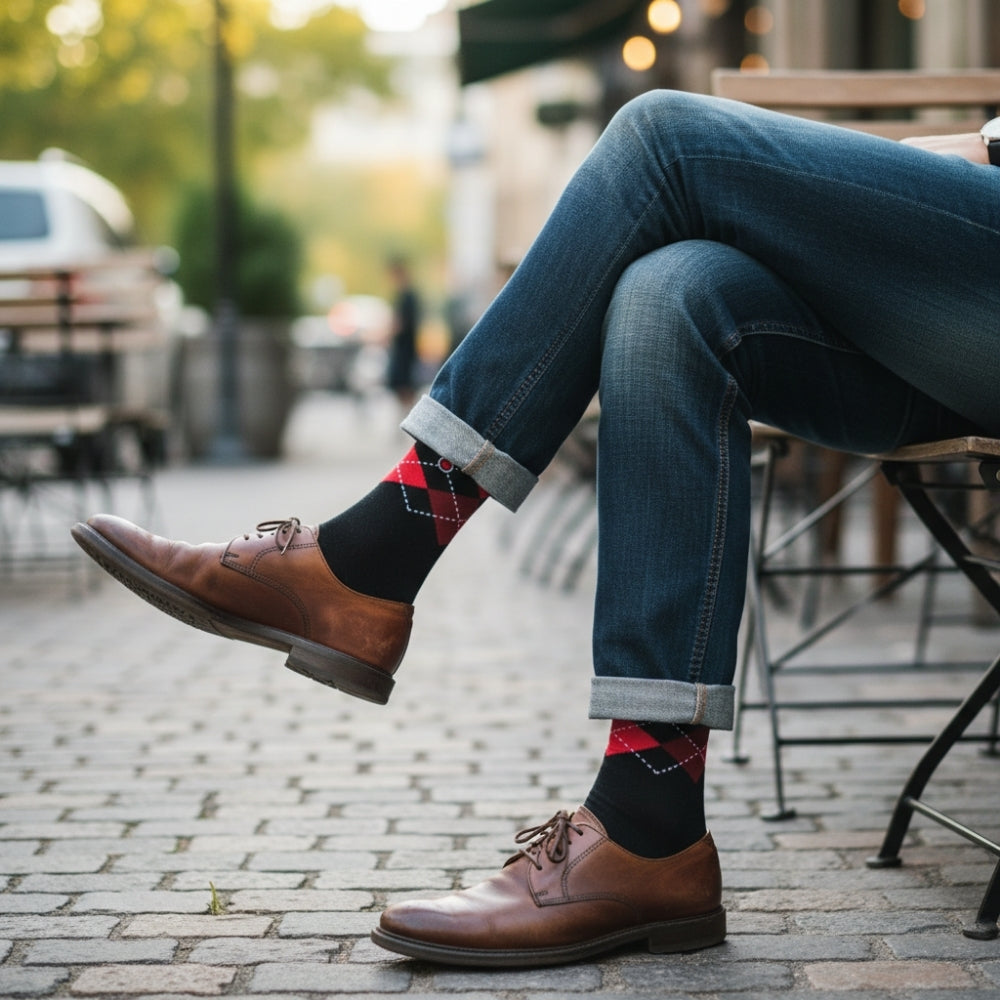 Navy and red argyle dress socks worn with cuffed jeans and brown leather shoes - Love Sock Company