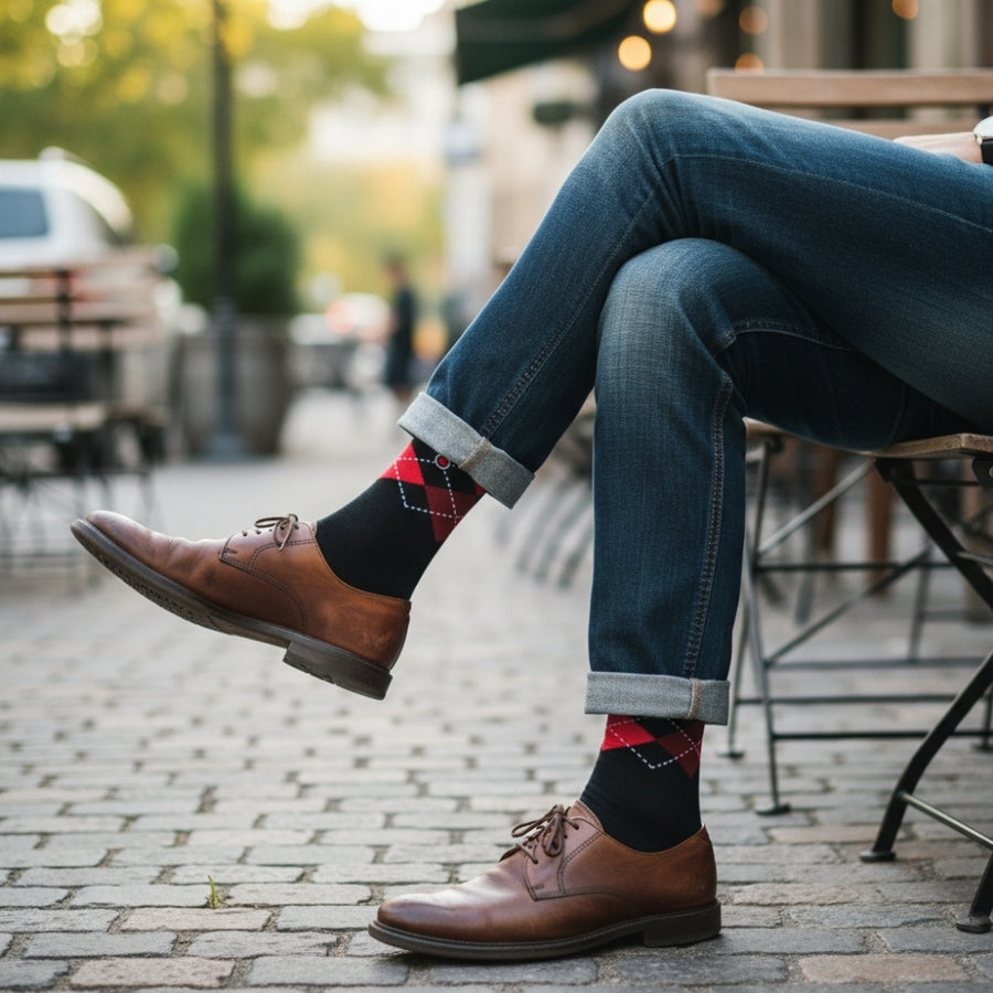 Navy and red argyle dress socks worn with cuffed jeans and brown leather shoes - Love Sock Company