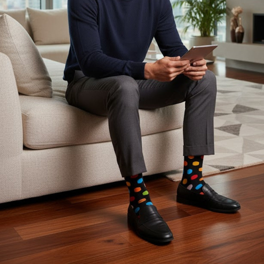 Premium Colorful Polka Dot Men's Mid-Calf Sock - Zero-Sag, Fine Cotton - Big Polka Black