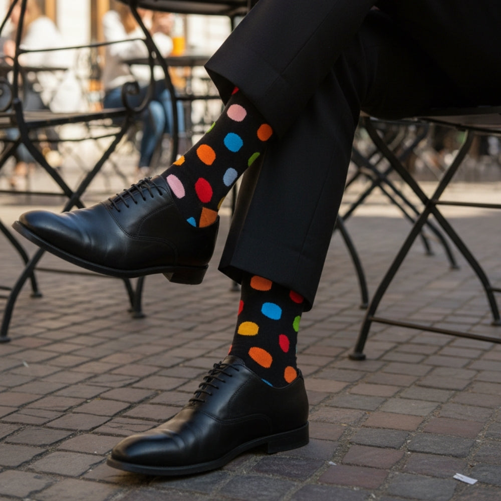 Premium Colorful Polka Dot Men's Mid-Calf Sock - Zero-Sag, Fine Cotton - Big Polka Black