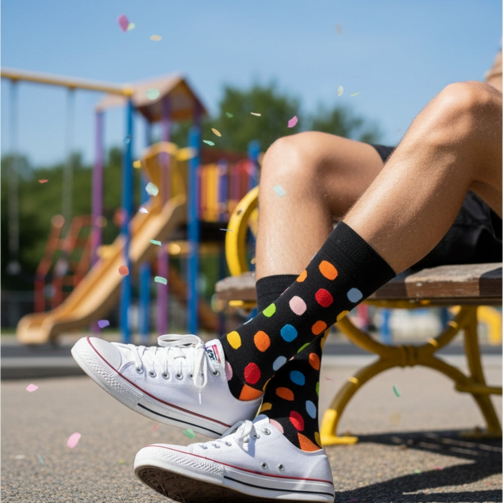 Premium Colorful Polka Dot Men's Mid-Calf Sock - Zero-Sag, Fine Cotton - Big Polka Black