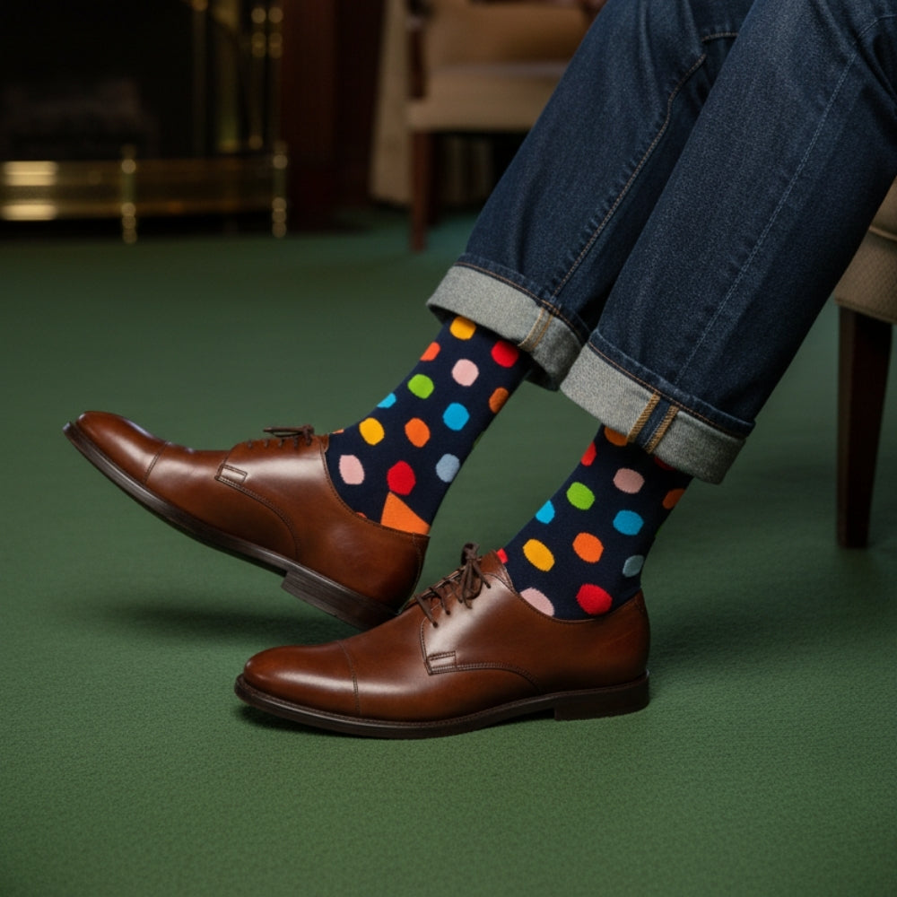Premium Colorful Polka Dot Men's Mid-Calf Sock - Zero-Sag, Fine Cotton - Big Polka Navy