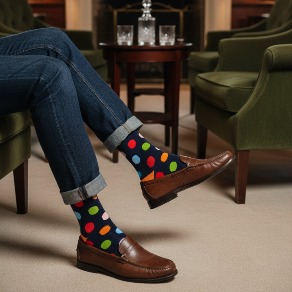 Premium Colorful Polka Dot Men's Mid-Calf Sock - Zero-Sag, Fine Cotton - Big Polka Navy