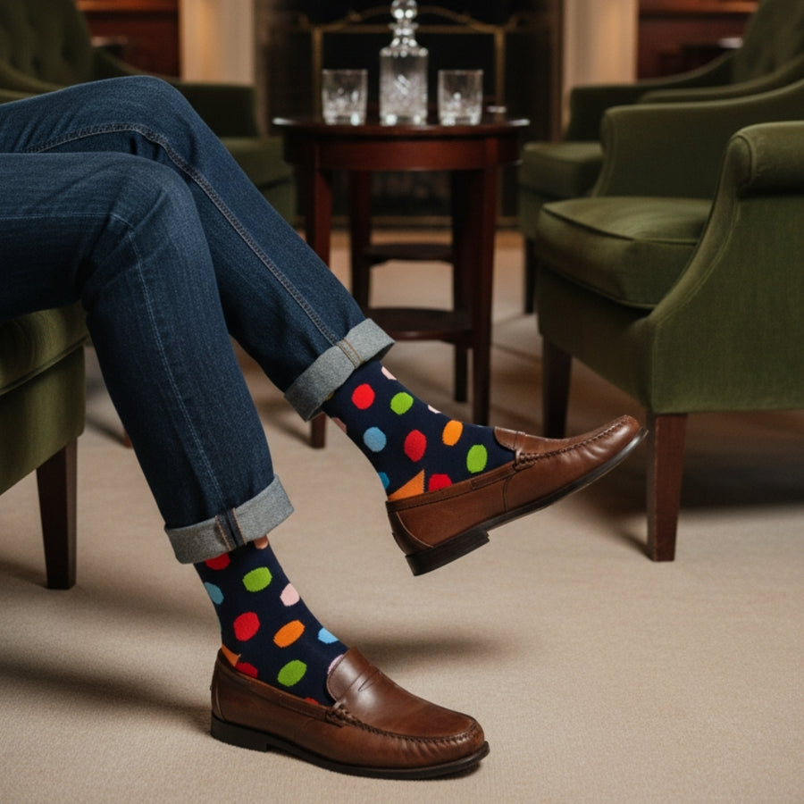Men's Mid-Calf Dress Socks - Big Polka Navy — organic cotton socks by Love Sock Company