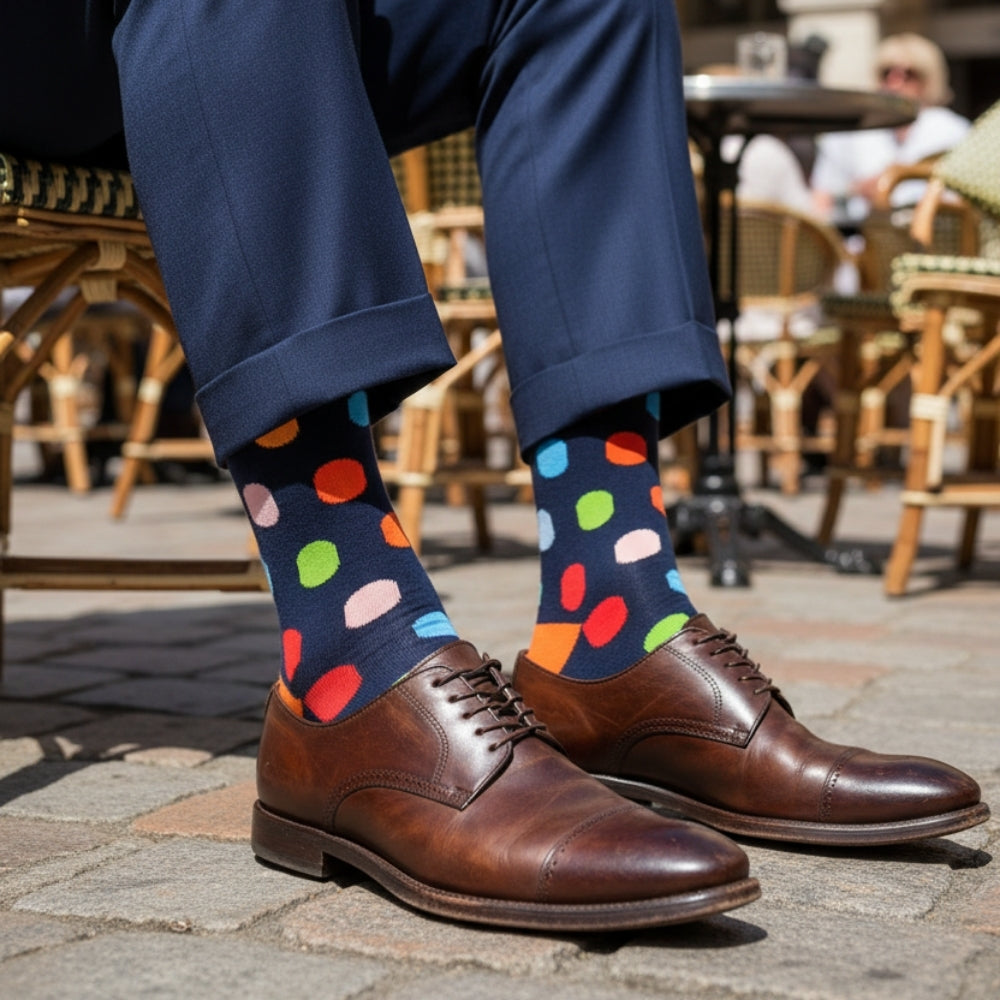 Premium Colorful Polka Dot Men's Mid-Calf Sock - Zero-Sag, Fine Cotton - Big Polka Navy