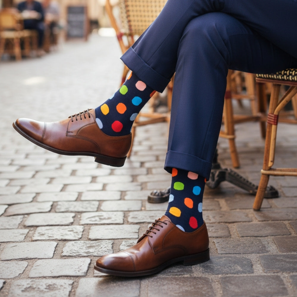 Premium Colorful Polka Dot Men's Mid-Calf Sock - Zero-Sag, Fine Cotton - Big Polka Navy