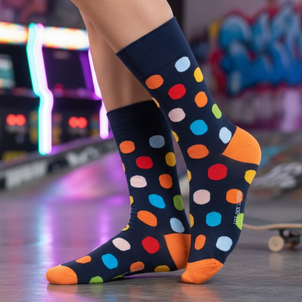 Performance Organic Cotton Crew Dress Socks - Seamless & Stay-Up - Big Polka Navy