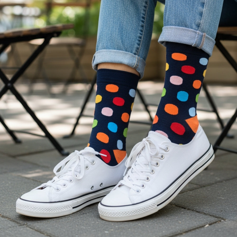 Performance Organic Cotton Crew Dress Socks - Seamless & Stay-Up - Big Polka Navy