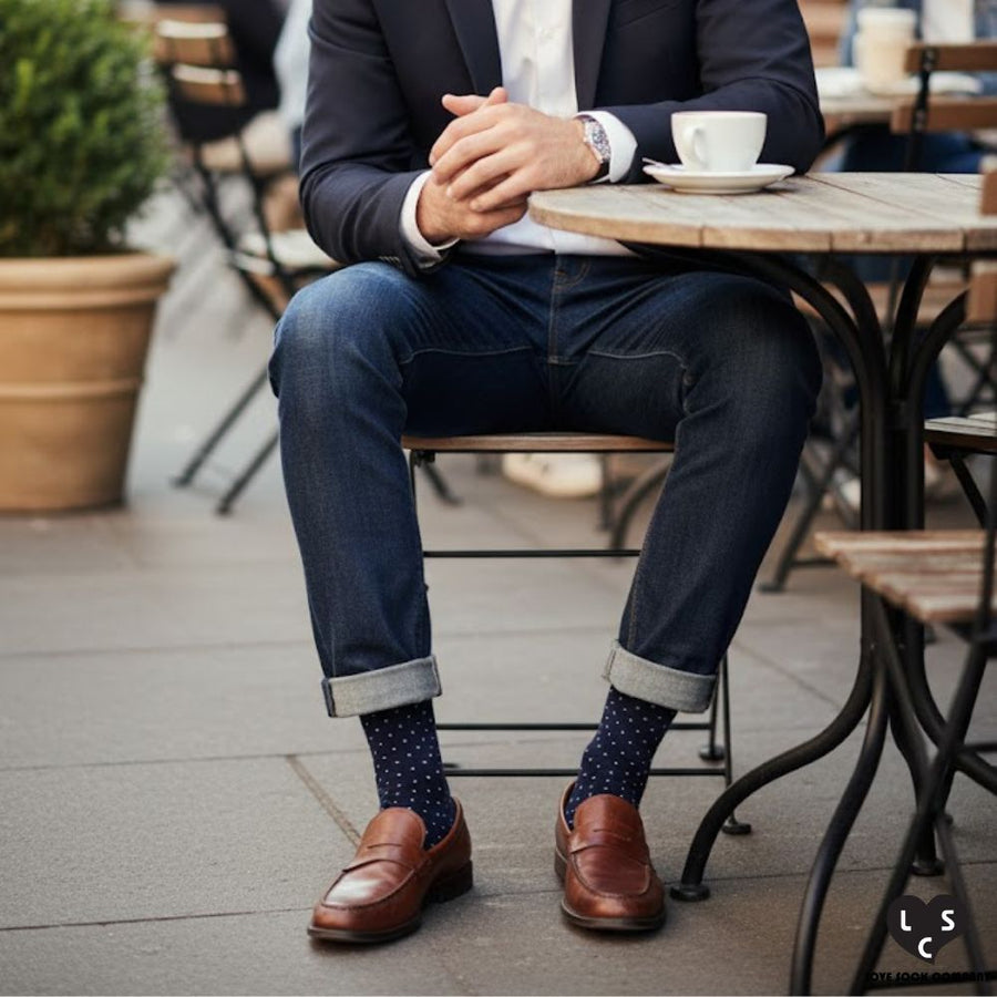Men's Mid-Calf Dress Socks - Biz Dots Navy — organic cotton socks by Love Sock Company