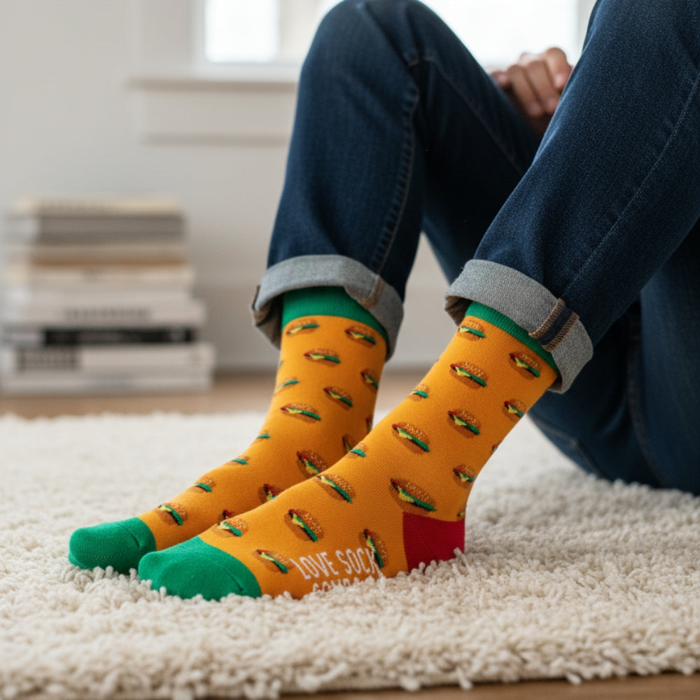 Premium Seamless Crew Socks - Fun Patterns & Stay-Up Organic Cotton - Burger