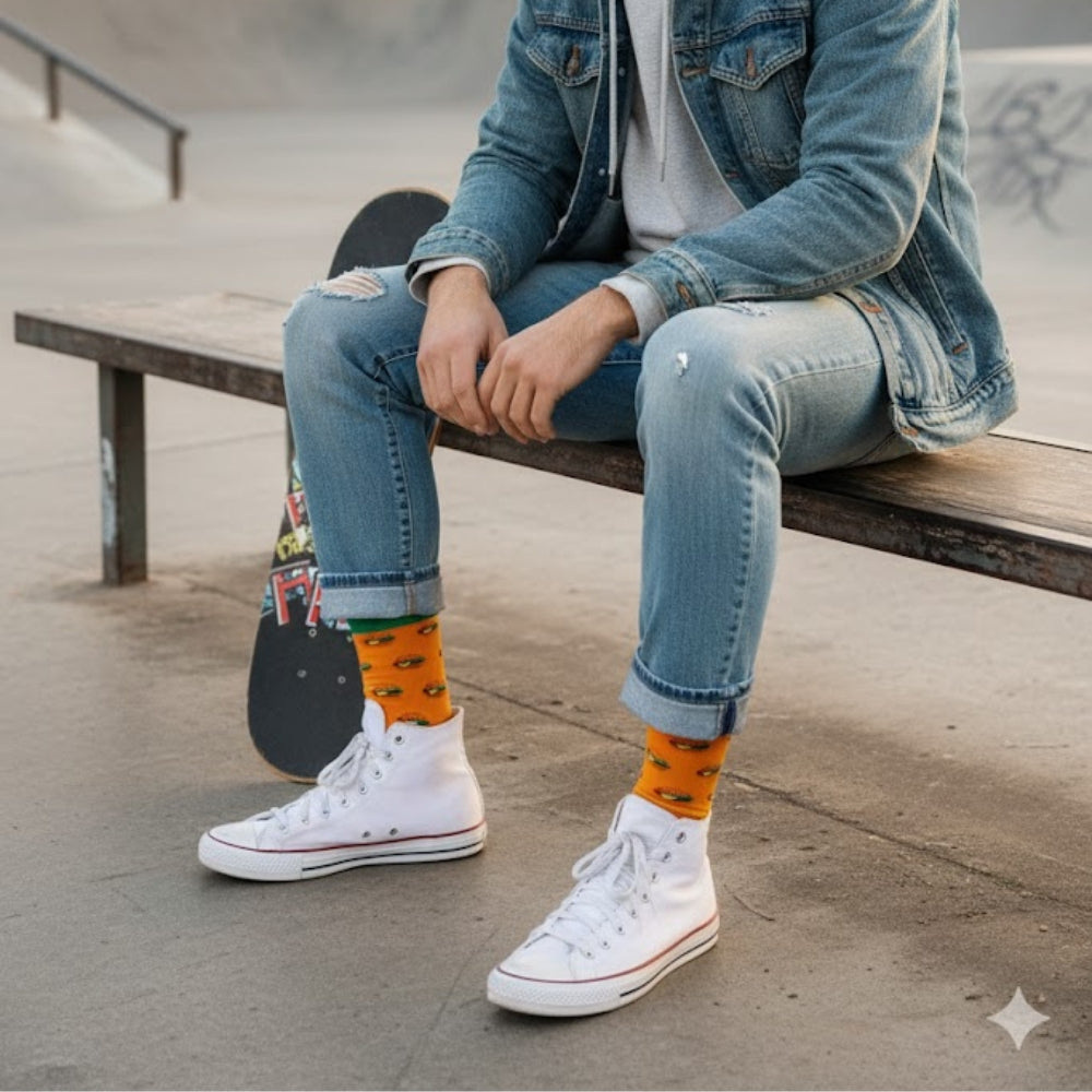 Premium Seamless Crew Socks - Fun Patterns & Stay-Up Organic Cotton - Burger