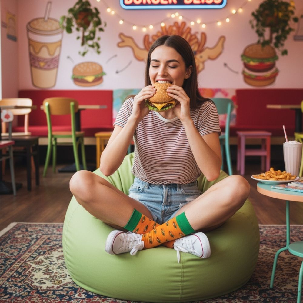 Premium Seamless Women's Crew Socks - Fun Patterns & Stay-Up Organic Cotton - Burger