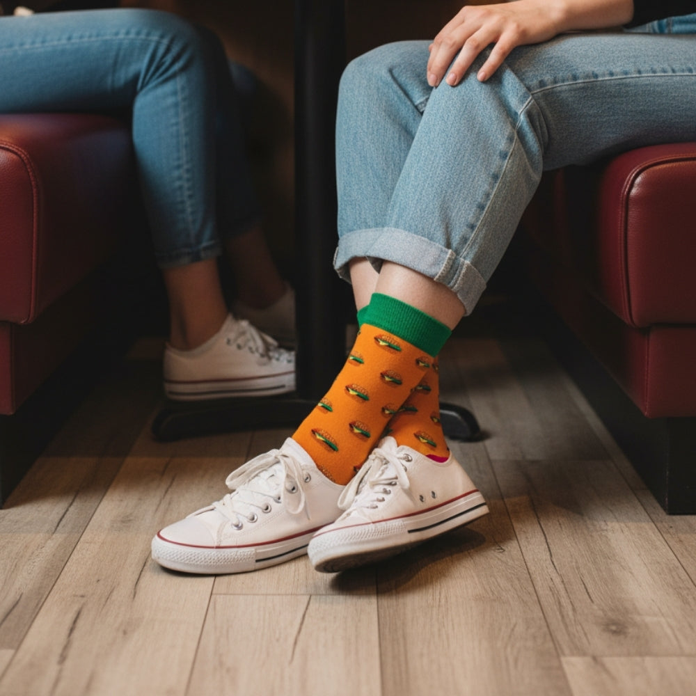 Premium Seamless Women's Crew Socks - Fun Patterns & Stay-Up Organic Cotton - Burger