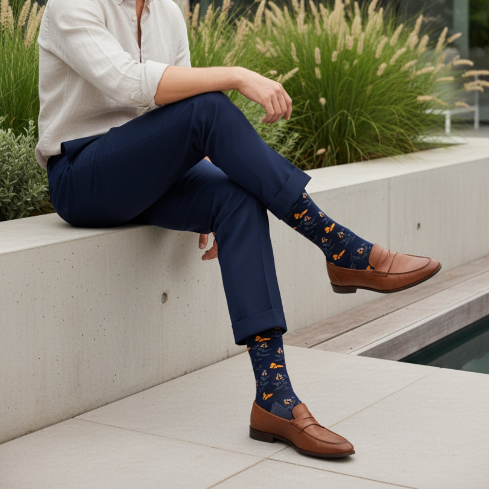 Premium Butterfly Pattern Mid-Calf Dress Sock for Men - Seamless Comfort