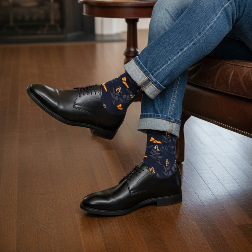 Premium Butterfly Pattern Mid-Calf Dress Sock for Men - Seamless Comfort