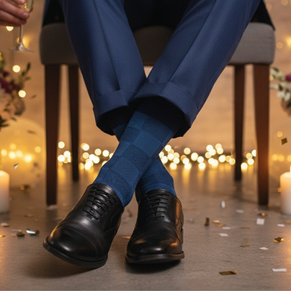 Luxury Organic Cotton Checker Socks - Stay-Up Mid-Calf Fit - Blue