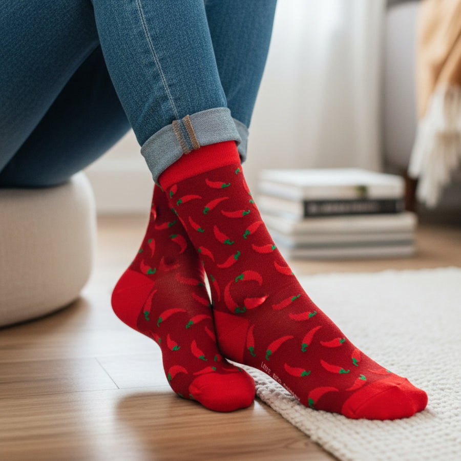 Women's Chili Pepper Crew Socks - Burgundy — organic cotton socks by Love Sock Company