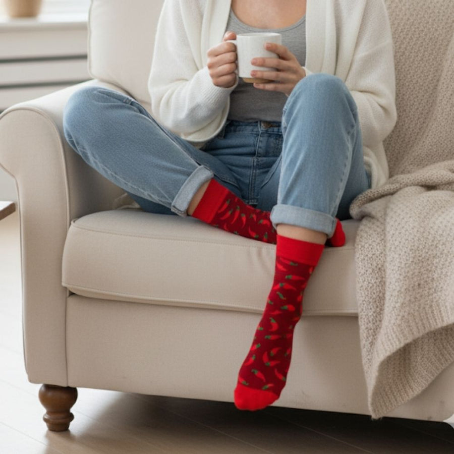 Women's Chili Pepper Crew Socks - Burgundy — organic cotton socks by Love Sock Company