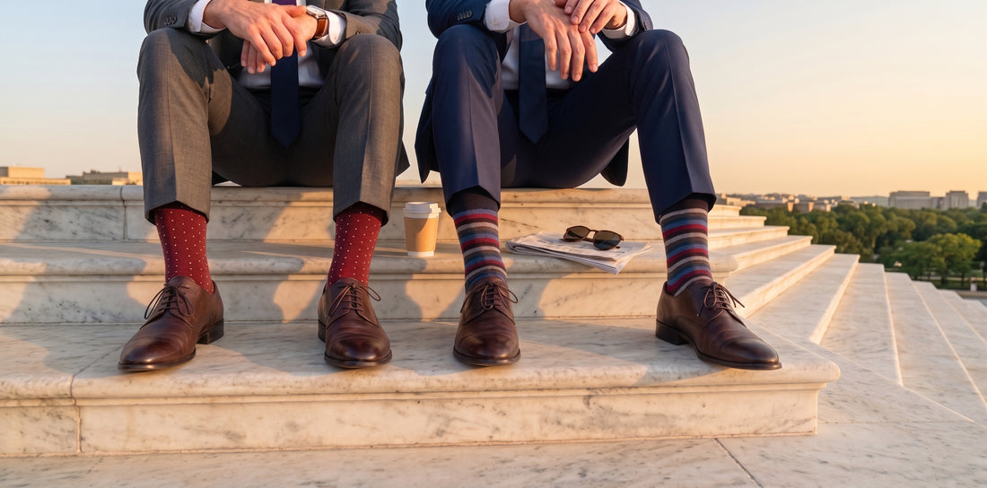 Two men in suits wearing Love Sock Company men's dress socks on stone steps