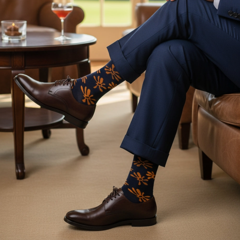 Premium Men's Mid-Calf Sock - Subtle Floral Pattern - Stay-Up Fit - Flowers