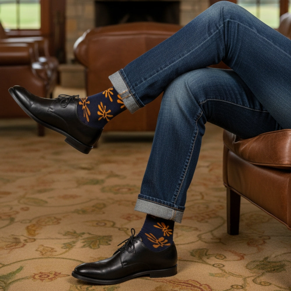 Premium Men's Mid-Calf Sock - Subtle Floral Pattern - Stay-Up Fit - Flowers