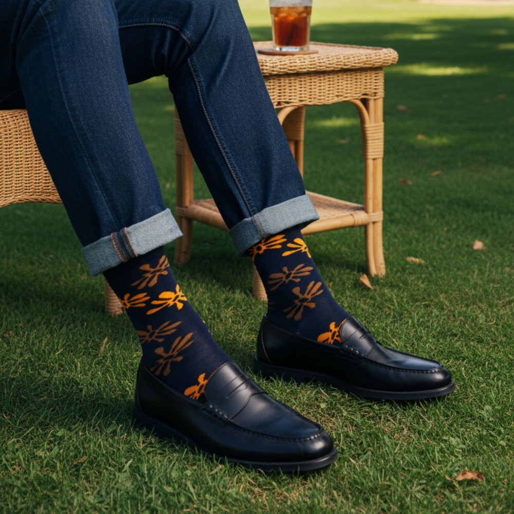 Premium Men's Mid-Calf Sock - Subtle Floral Pattern - Stay-Up Fit - Flowers