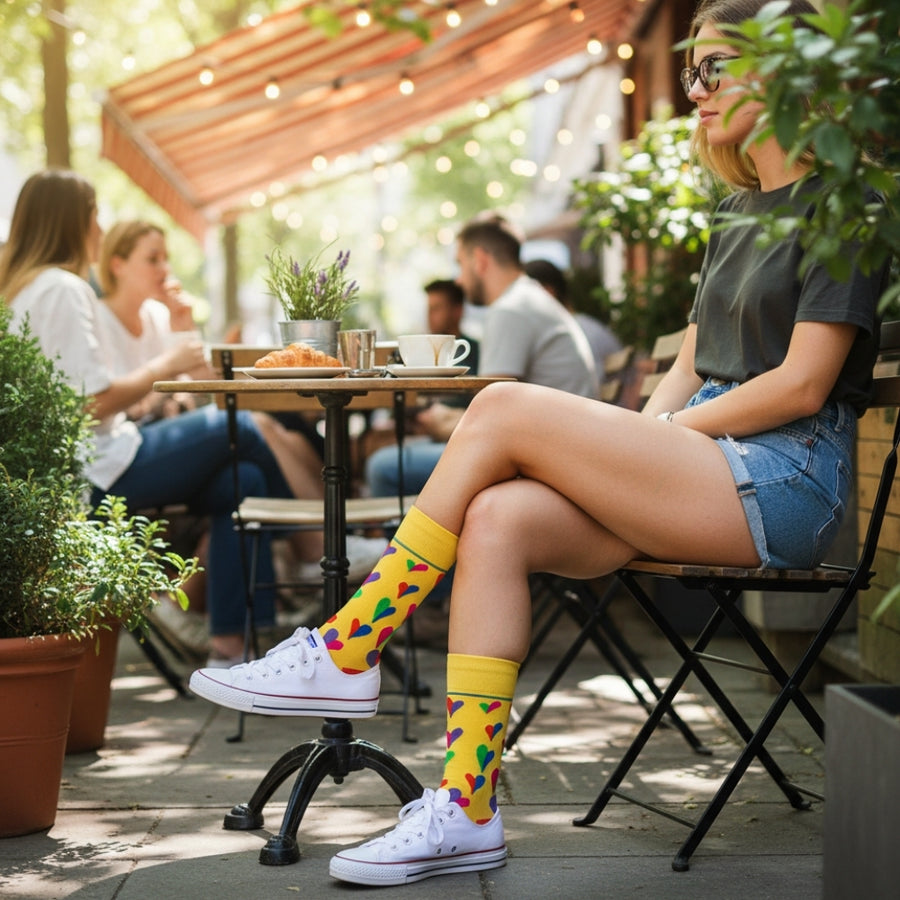 Crew Dress Socks - Funky Hearts Yellow — organic cotton socks by Love Sock Company