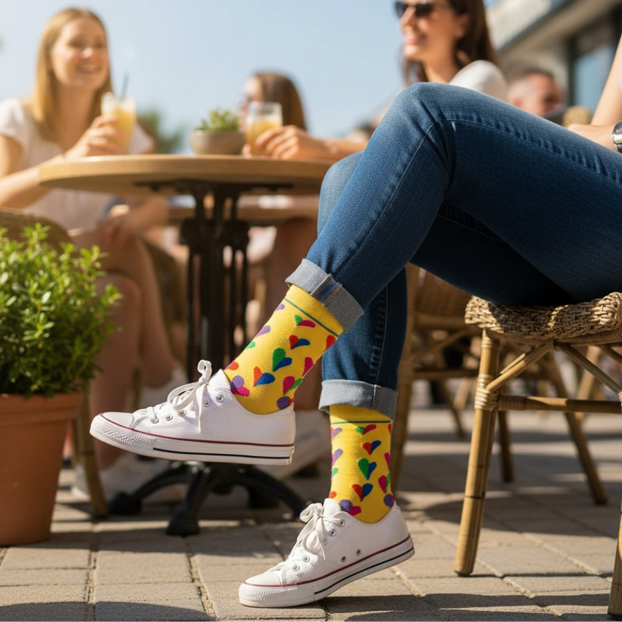 Crew Dress Socks - Funky Hearts Yellow — organic cotton socks by Love Sock Company