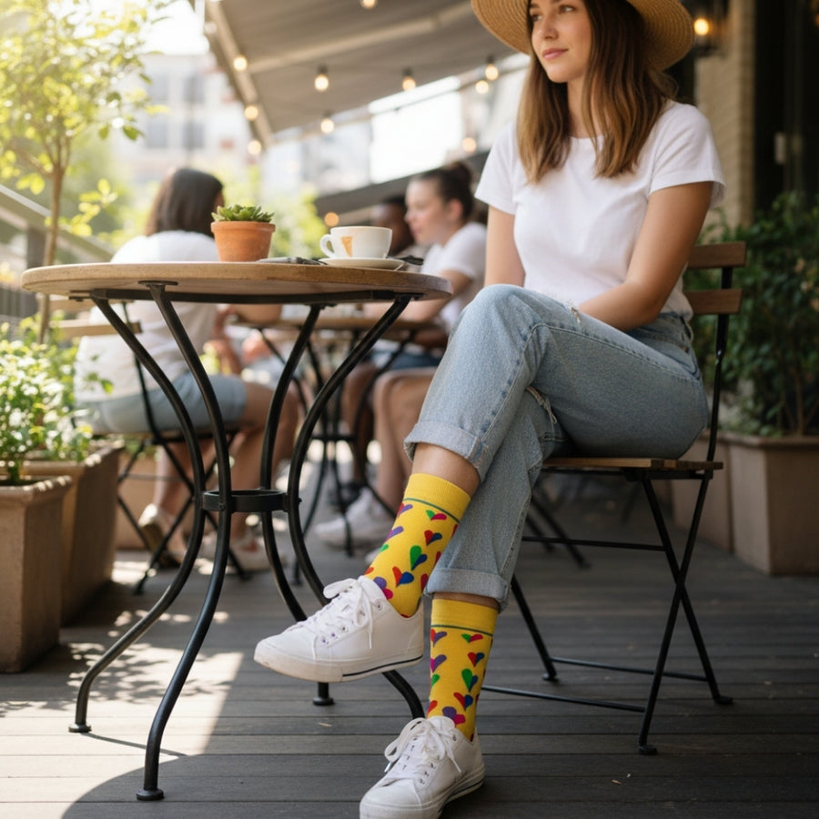 Crew Dress Socks - Funky Hearts Yellow — organic cotton socks by Love Sock Company