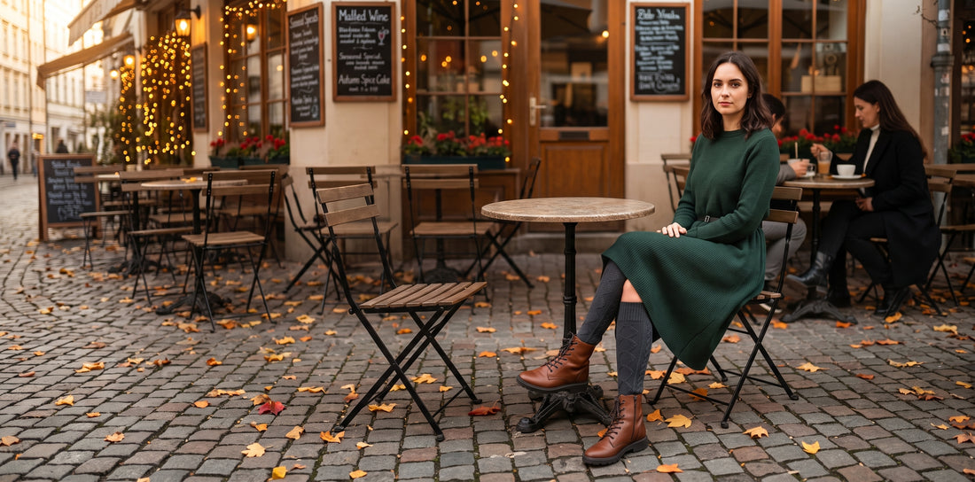 Woman at a cafe wearing grey cable knit knee-high socks with brown boots