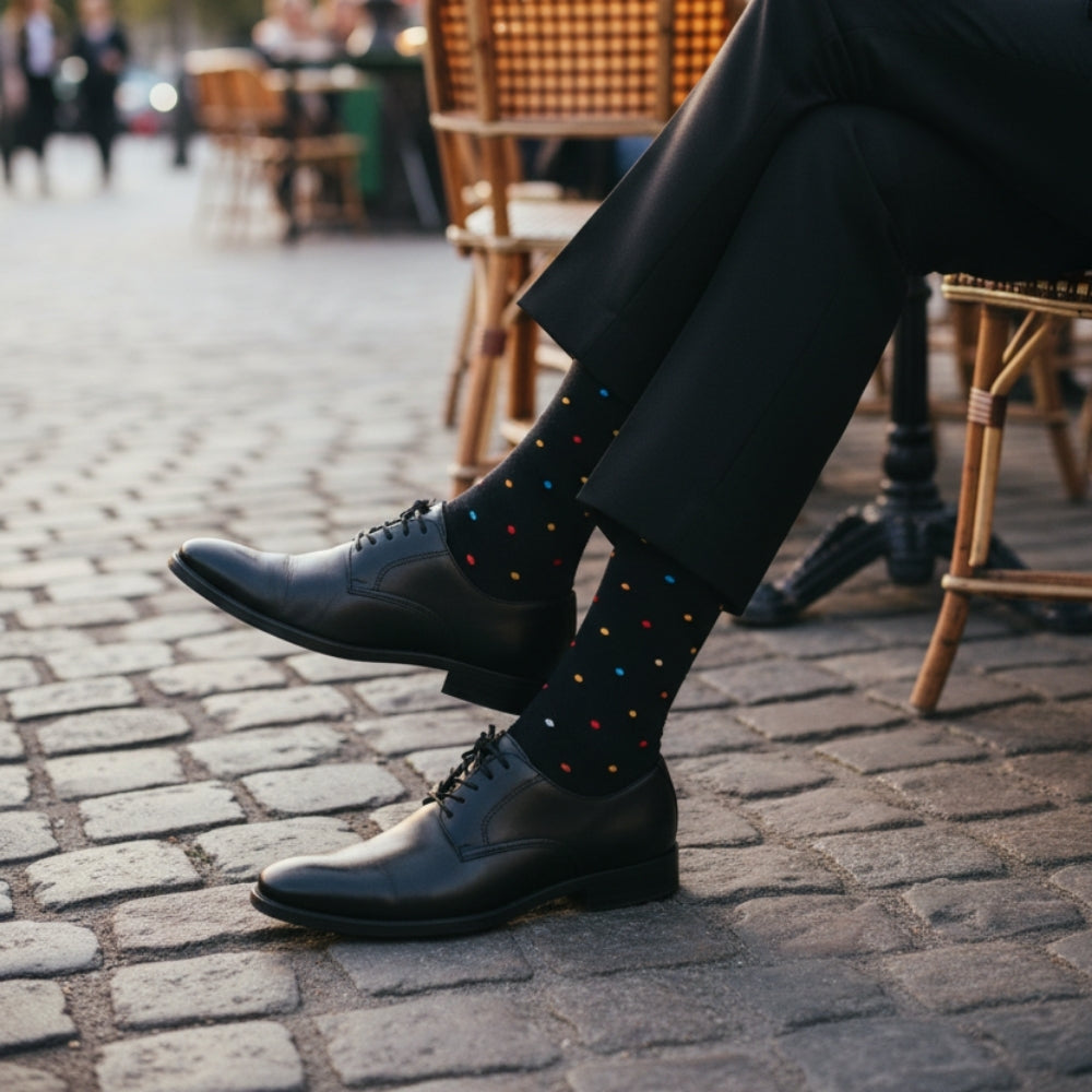Premium Colorful Polka Dot Men's Mid-Calf Sock - Zero-Sag, Fine Cotton - Mini Polka Black