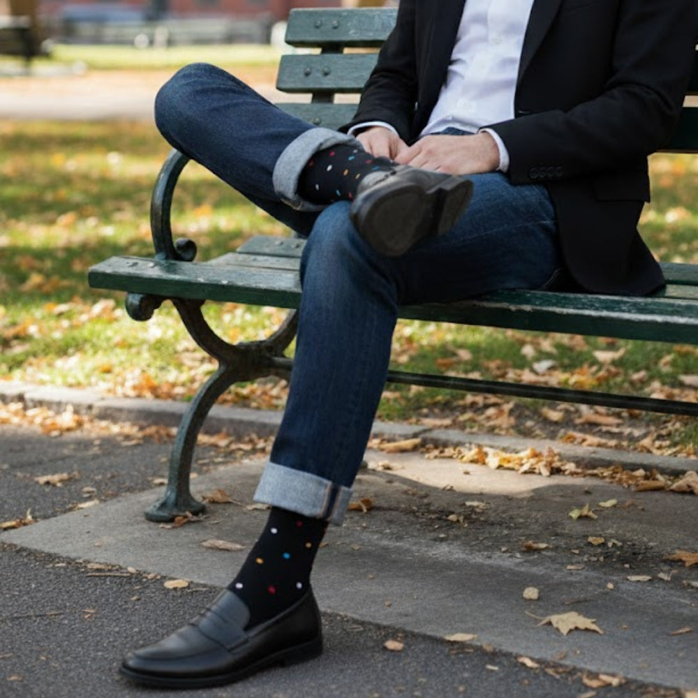 Premium Colorful Polka Dot Men's Mid-Calf Sock - Zero-Sag, Fine Cotton - Mini Polka Black