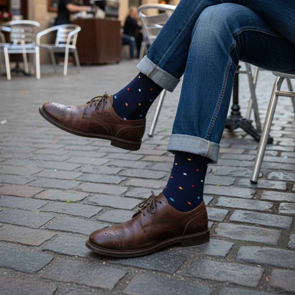 The Non-Binding Premium Men's Mid-Calf Dress Socks - Mini Polka Navy