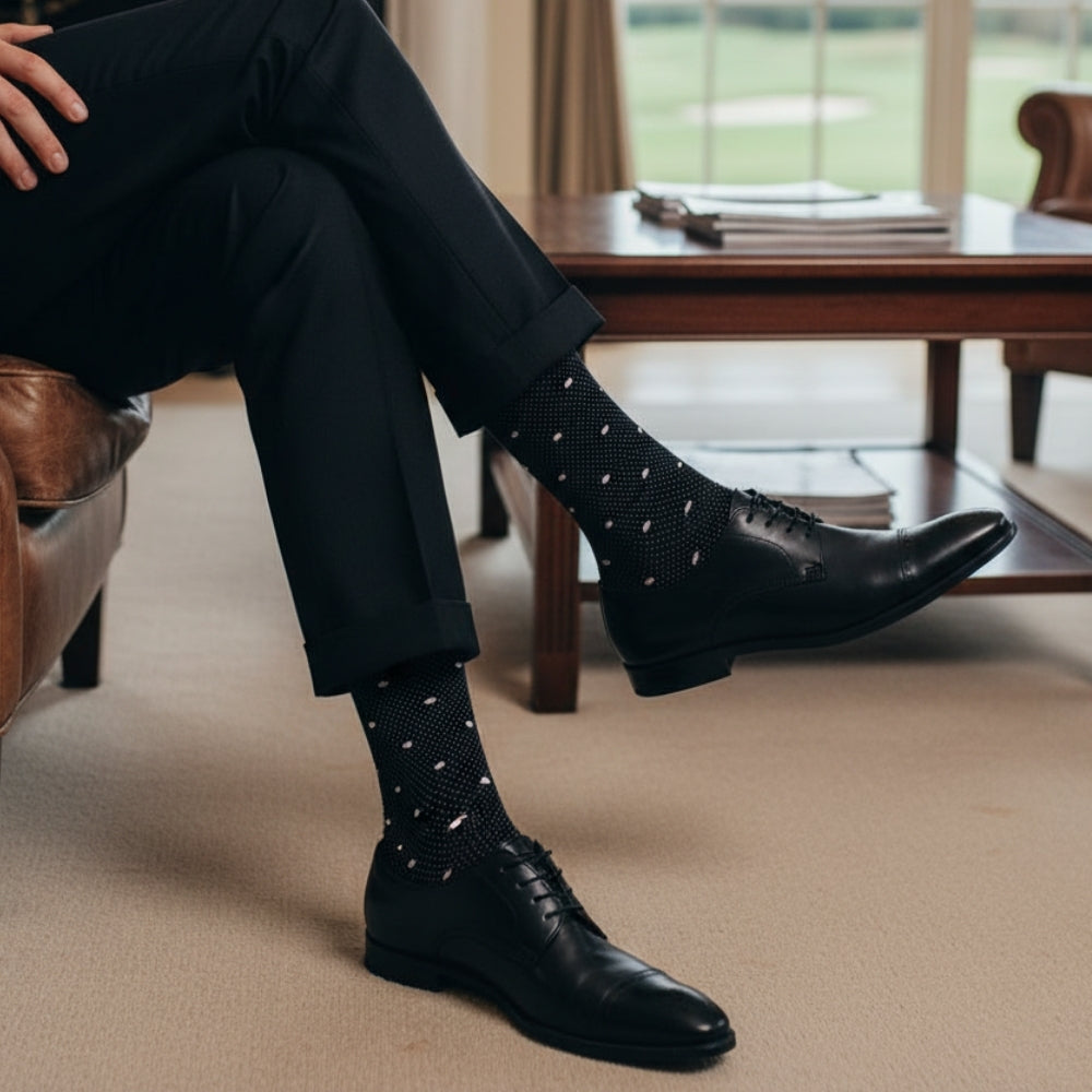 Luxury Black Mid-Calf Dress Socks with Polka Dots & Embroidered Heart - Men Polka Night Black