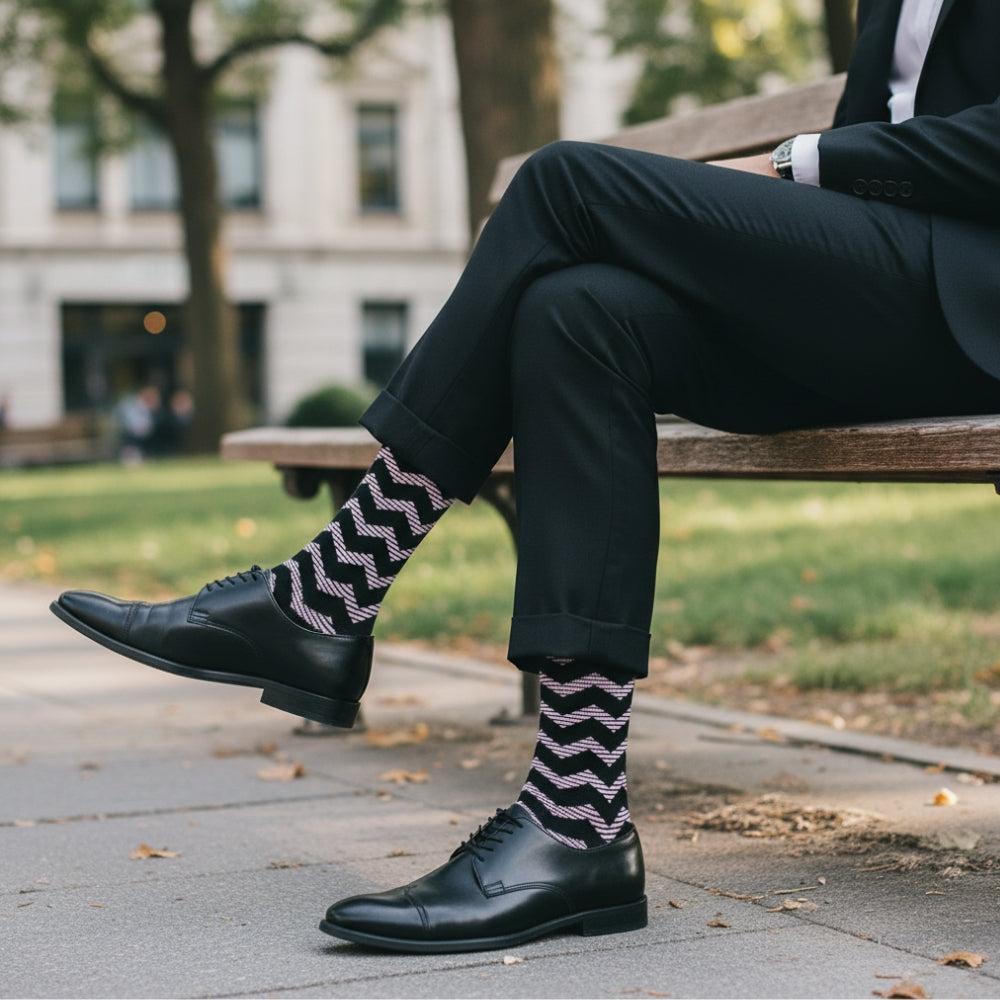 Zig Zag Dress Socks - Black worn with charcoal trousers and black oxfords - Love Sock Company